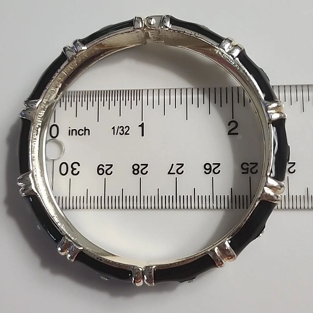 Black Enamel and Two-Tone Bangle Bracelet with Rhinestones